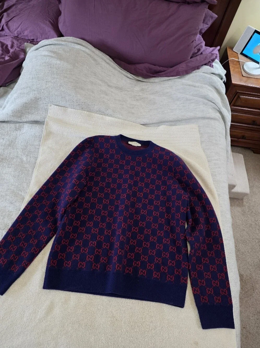 Gucci Navy & Red All-Over GG Crewneck Wool Sweater
